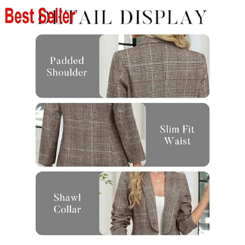Shawl Collar Plaid Boyfriend Blazer Business Casual Open Front Office Jacket